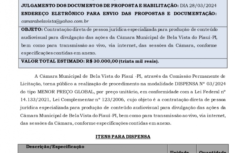 Câmara Municipal de Bela Vista anuncia Processo de dispensa de Licitação 005/2024