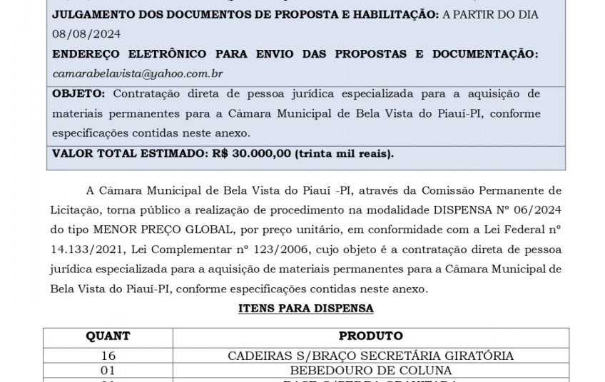 Câmara Municipal de Bela Vista anuncia Processo de dispensa de Licitação 006/2024