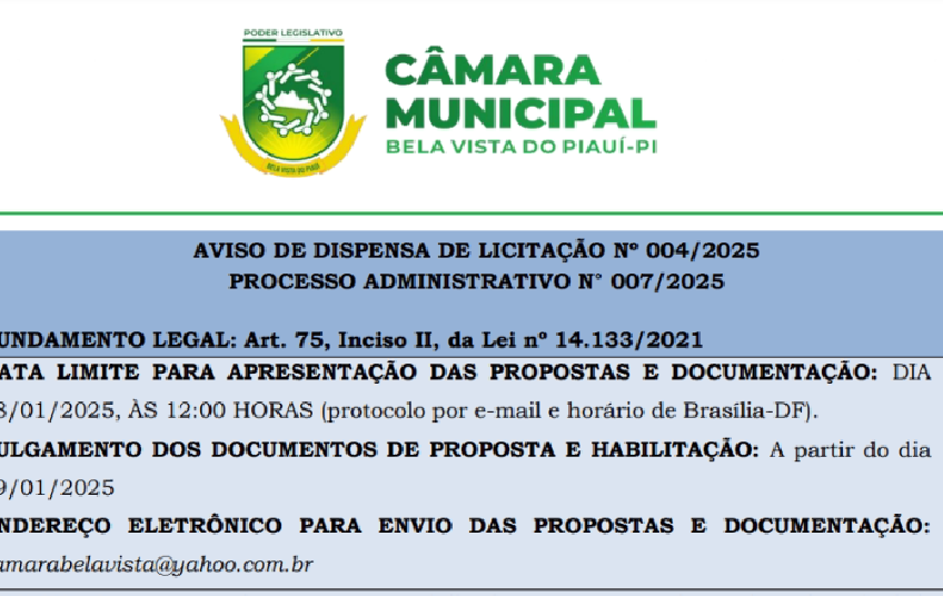 Câmara Municipal de Bela Vista anuncia Processo de dispensa de Licitação 004/2025