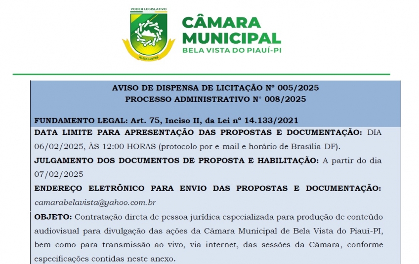 Câmara Municipal de Bela Vista anuncia Processo de dispensa de Licitação 005/2025