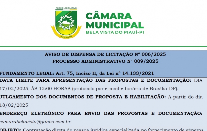 Câmara Municipal de Bela Vista anuncia Processo de dispensa de Licitação 006/2025